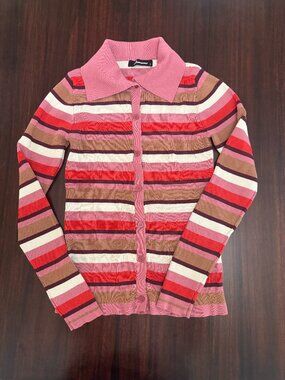Divaceous Striped Ribbed Knit Cardigan Pink Brown Button Front Size L